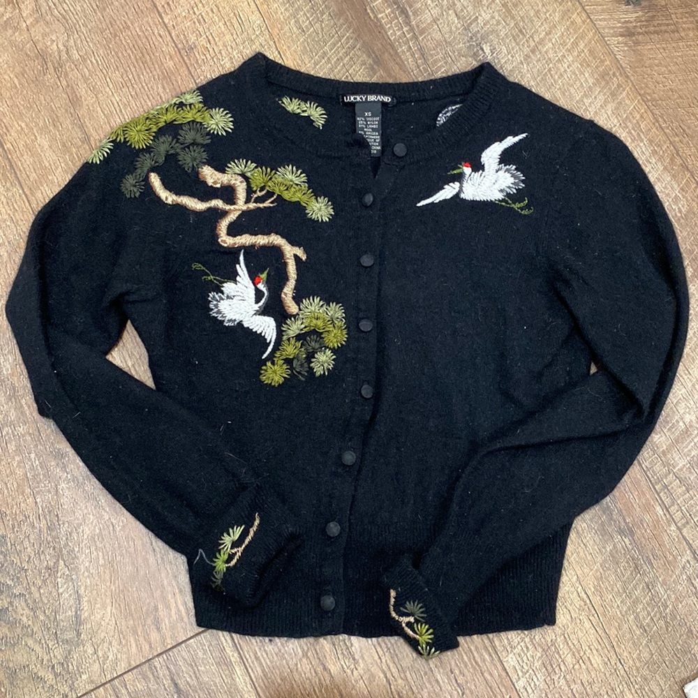 Lucky Brand Wool and Cashmere Embroidered Bird Cardigan